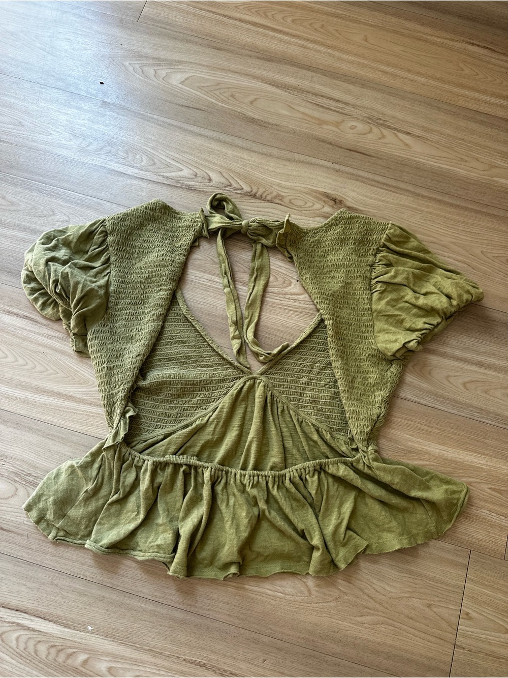 Free People Olive Green Smocked V-Neck Tie-Back Peplum Top - Picture 2 of 4